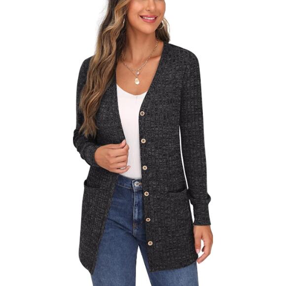 Grecerelle Women's Dark Gray Ribbed Lightweight Knit Outerwear Cardigan Size L - Picture 1 of 7